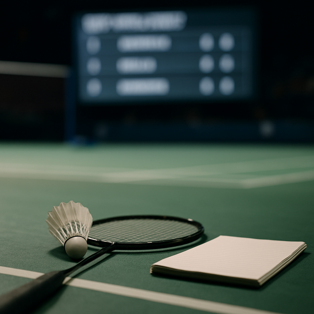 A badminton racket and shuttlecock beside a blank notepad, with an unreadable scoreboard blurred