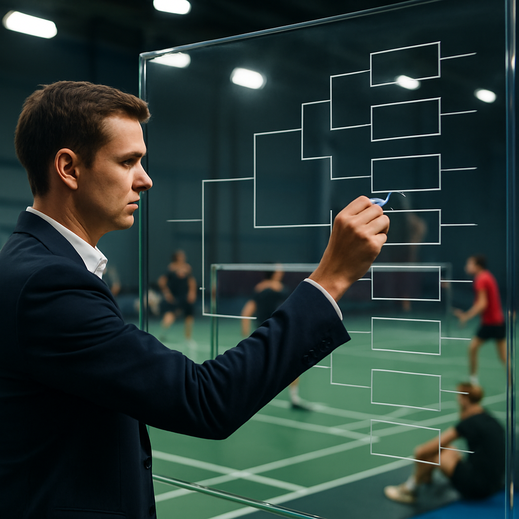 A tournament official updates a badminton knockout bracket beside the court as players prepare