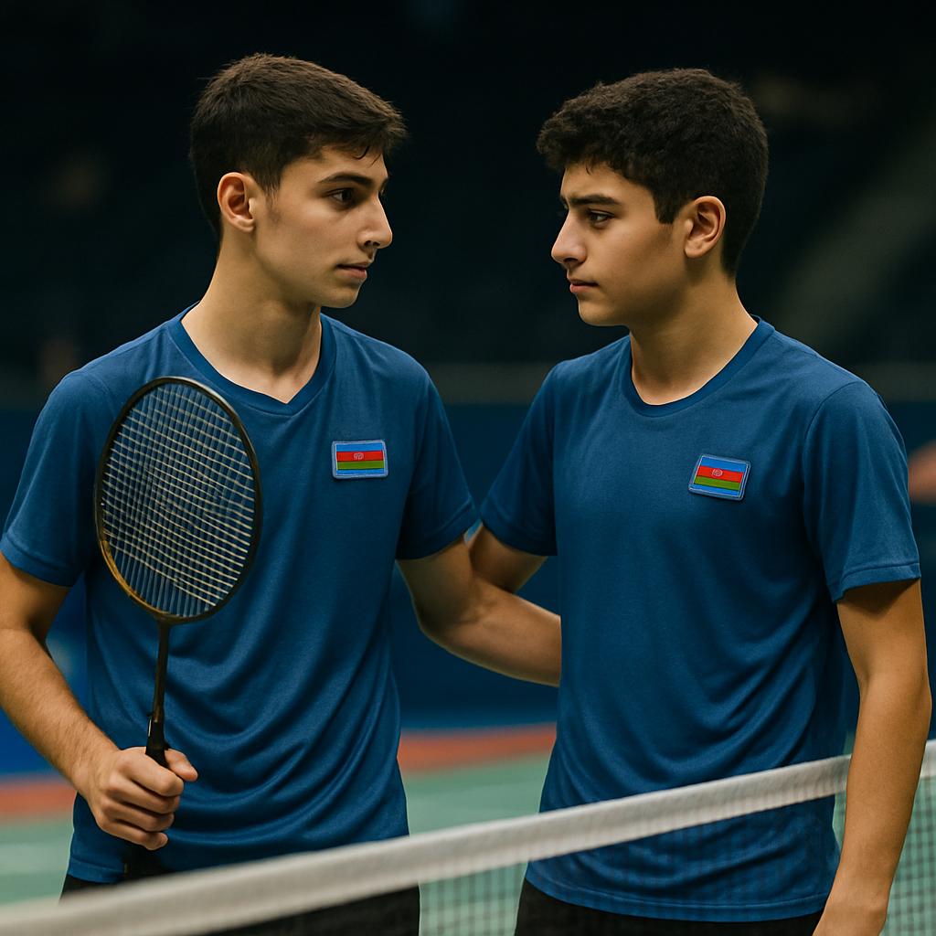 Two young Azerbaijani badminton players share a focused, proud moment beside an indoor court
