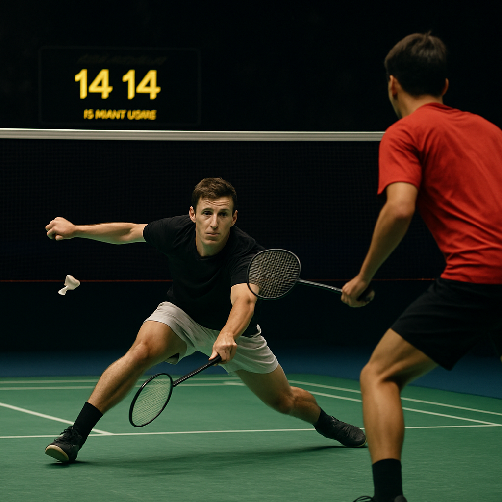 Badminton players battle through a fast rally as the scoreboard shows 14–14 in a