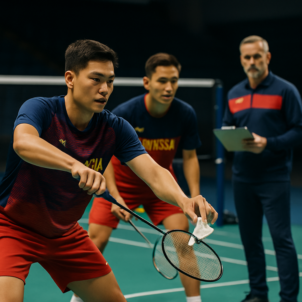 National badminton doubles players coordinate during practice as a coach observes, illustrating team selection