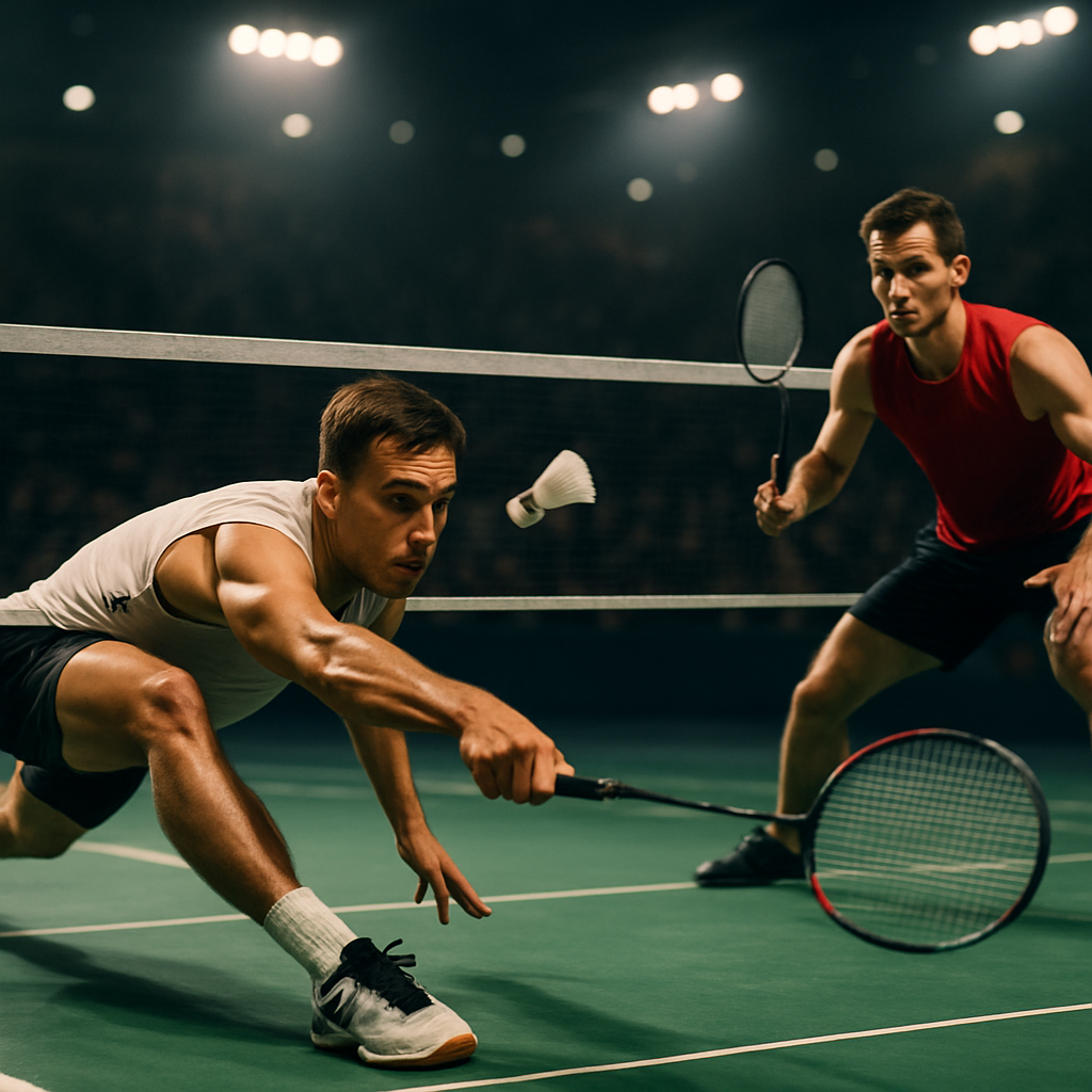 Badminton finalists battle through a decisive rally as one player lunges to return the