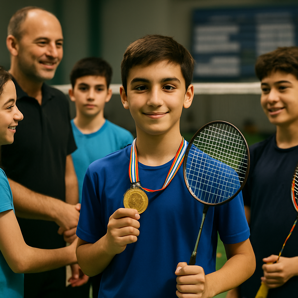 Young Azerbaijani badminton players celebrate tournament results on an indoor court, with a medal,