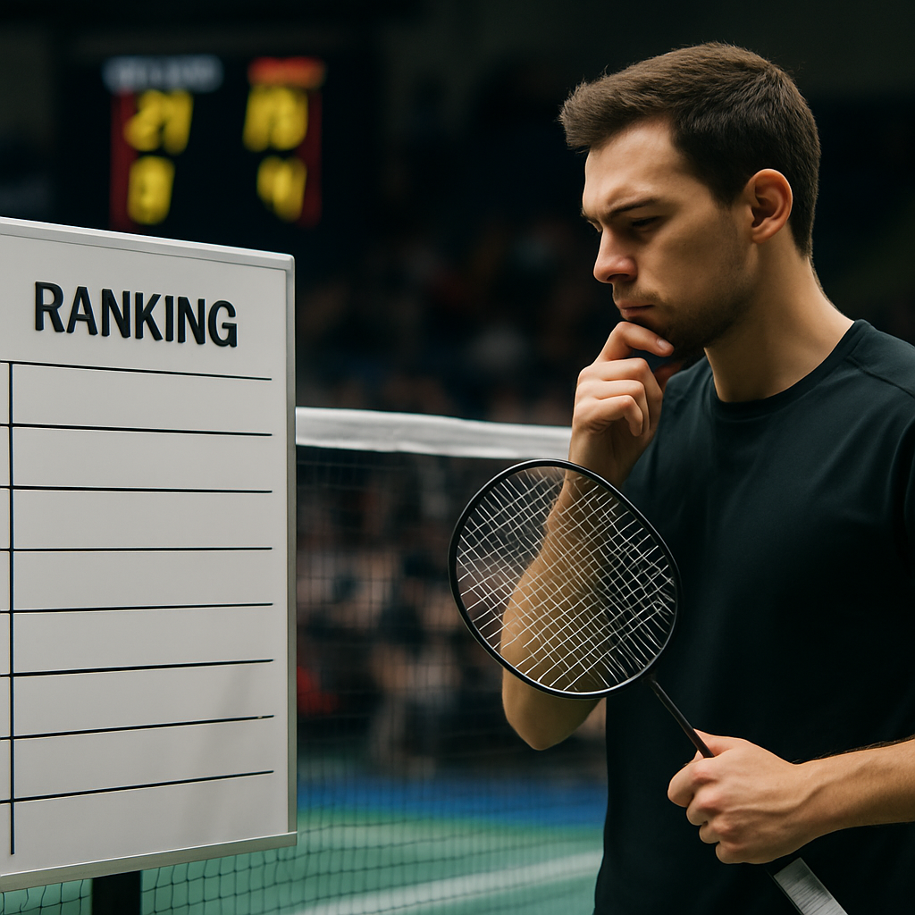 A badminton player reviews an unmarked ranking board beside an indoor court, suggesting analysis