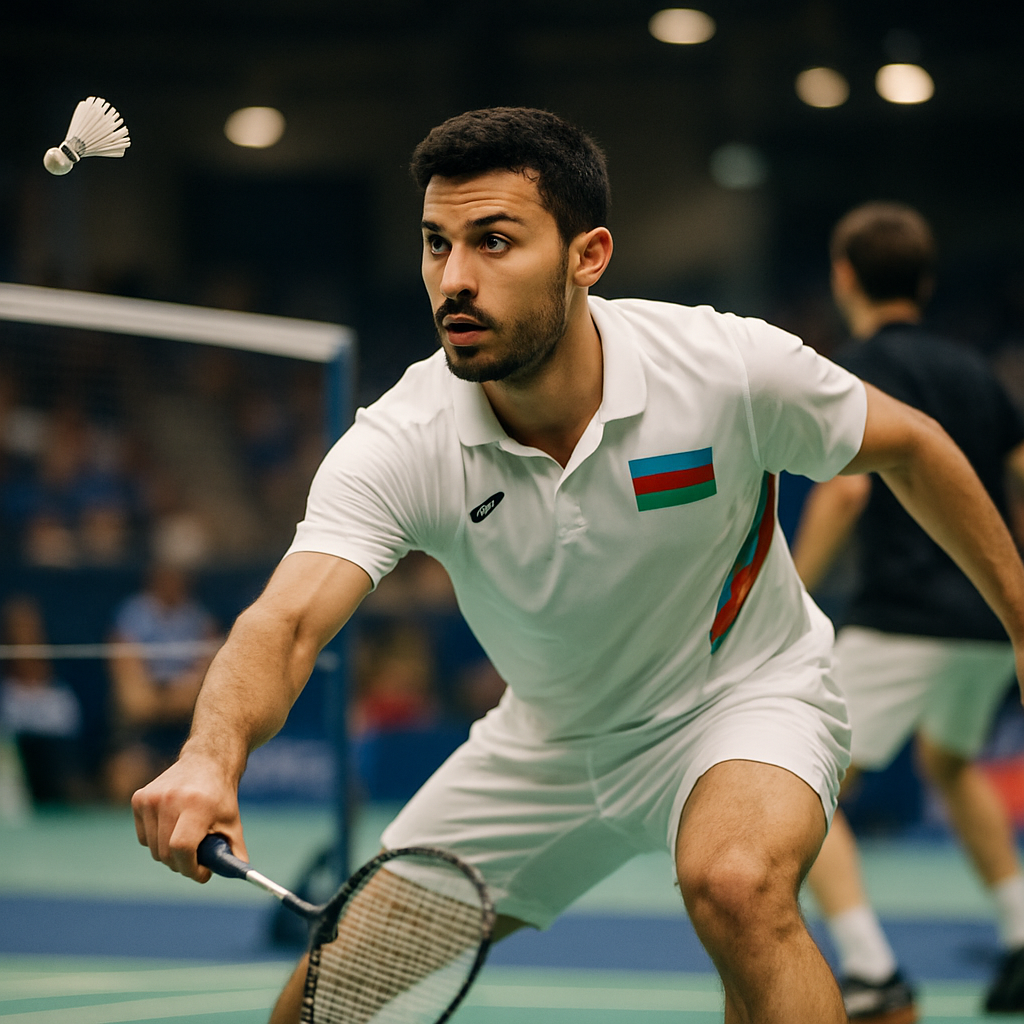 An Azerbaijani badminton player focuses on a rally during an international tournament, highlighting the