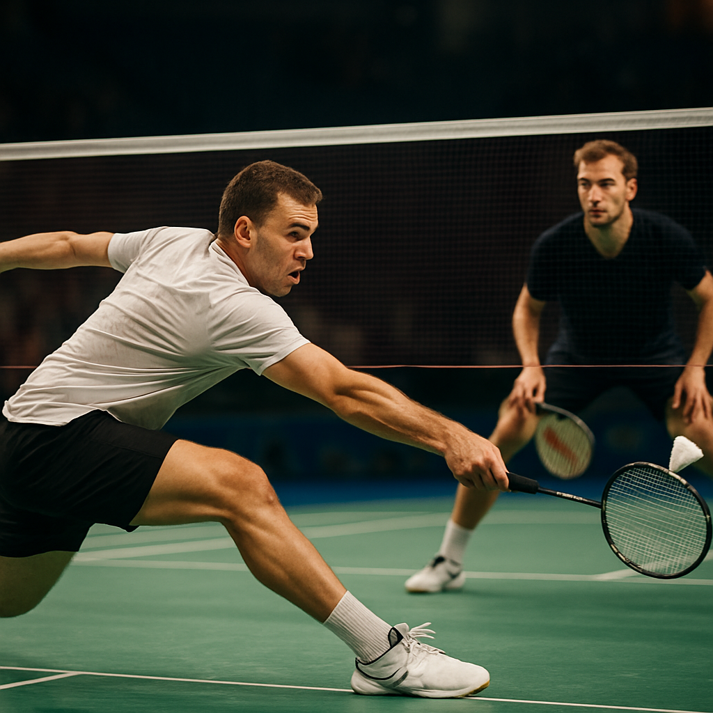 Two badminton players contest a tense rally at the European Championships, highlighting tactical play