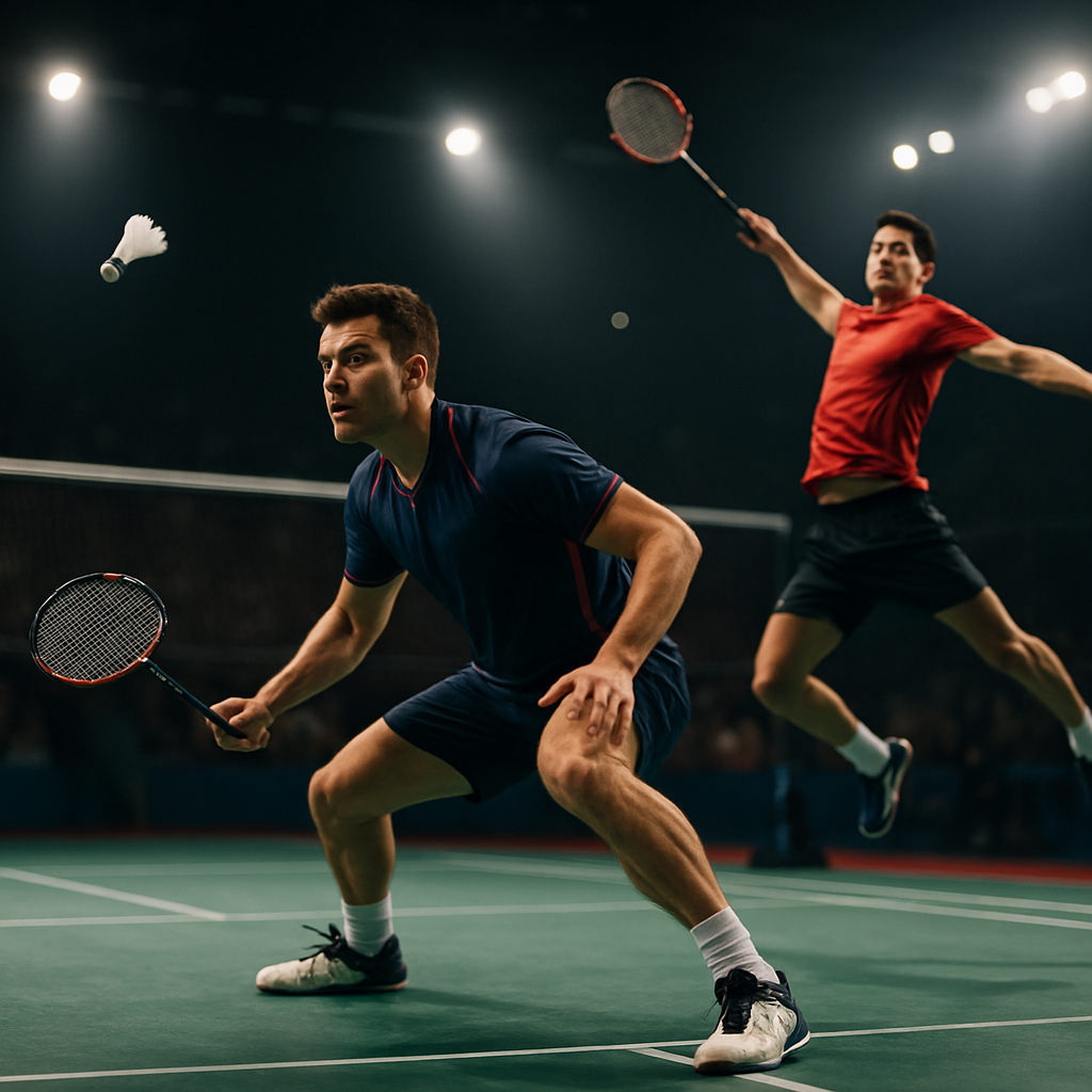 Two badminton players battle through a fast rally under arena lights, one jumping to