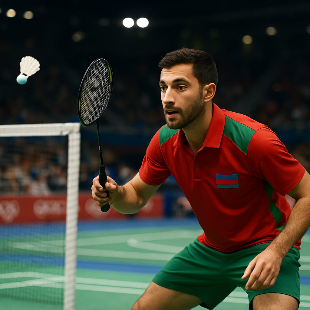 An Azerbaijani badminton player prepares to return a shuttlecock during a match in a