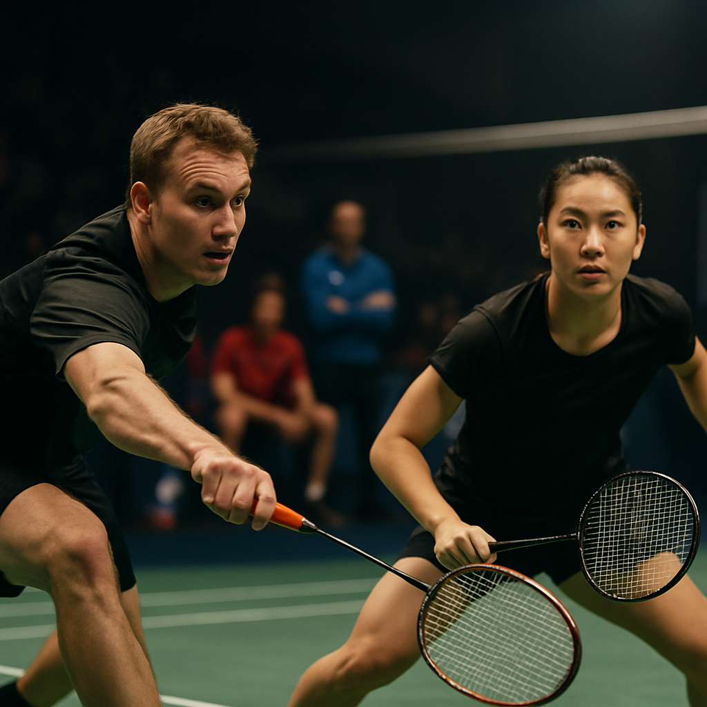 Two focused badminton stars battle for the shuttle in a tense indoor mixed-team match,