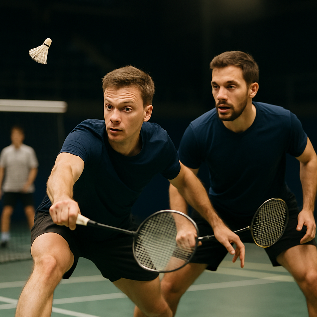 A newly paired badminton doubles team coordinates under pressure as one player lunges for