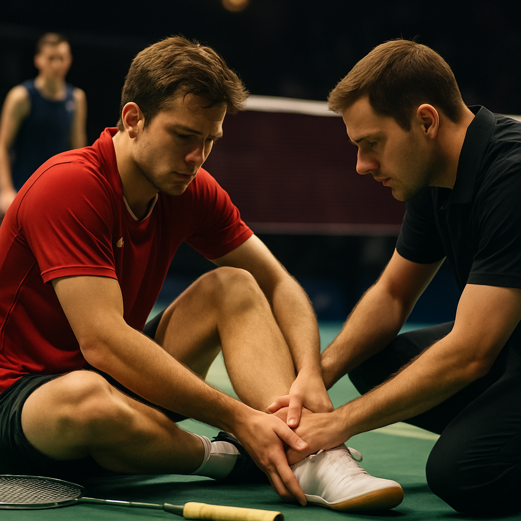 A badminton player receives an ankle assessment from a tournament medic courtside while the