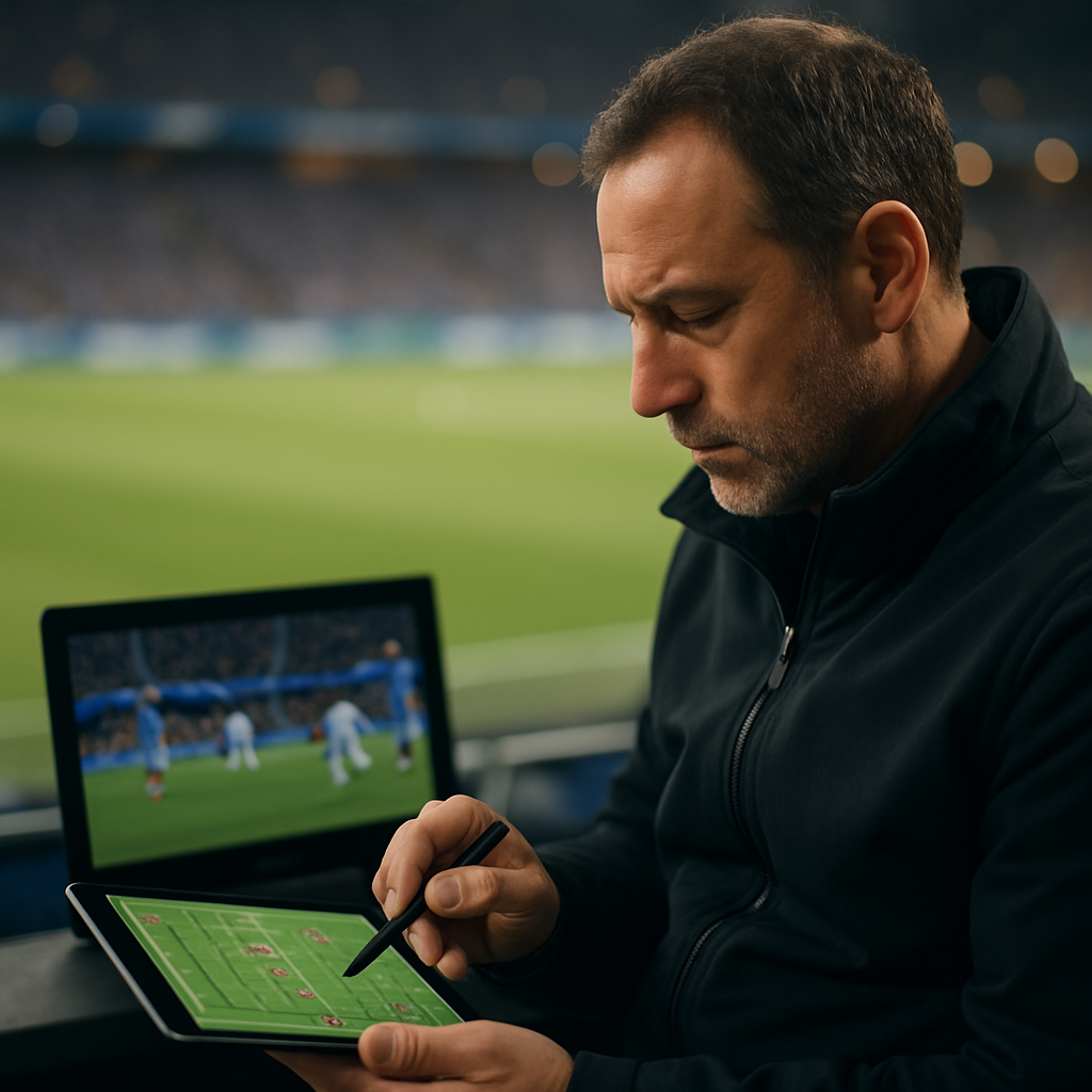 A football analyst reviews a new lineup at the stadium instead of replaying the